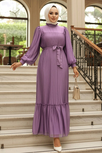 Neva Style Rochie musulmană plisată liliac închis 39651KLILA