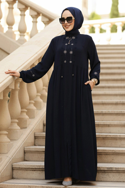 Neva Style Abaya hijab albastru închis cu mărgele 45305L