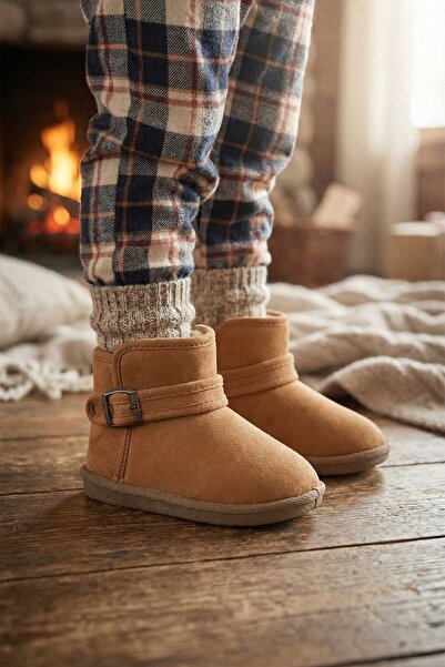 GEZER Kız Çocuk Kışlık Boğazdan Peluşlu Tek Kemer Cırt Cırtlı Ayarlanabilir PVC Rahat Taban Ev Bahçe