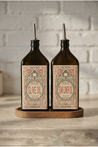 Frolde Ahşap Stantlı 2'li Amber 500 ml Yassı Cam Ayçiçek Yağı Zeytinyağı Şişe...