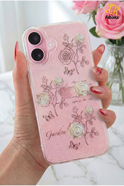 Fibaks غطاء متوافق مع هاتف Apple iPhone 16 Plus، لون أبيض لامع مع نمط وردة، غ...