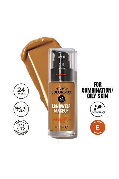 Revlon كريم أساس كولورستاي™ طويل الأمد للبشرة المختلطة/الدهنية، عامل حماية من الشمس 15، لون كراميل 400