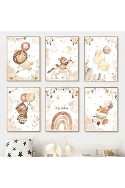 TABLOX Kişiye Özel İsimli,Sevimli Hayvanlar 6’lı Çerçeve Görünümlü MDF Tablo Seti-Bebek ve Çocuk Odası Deko