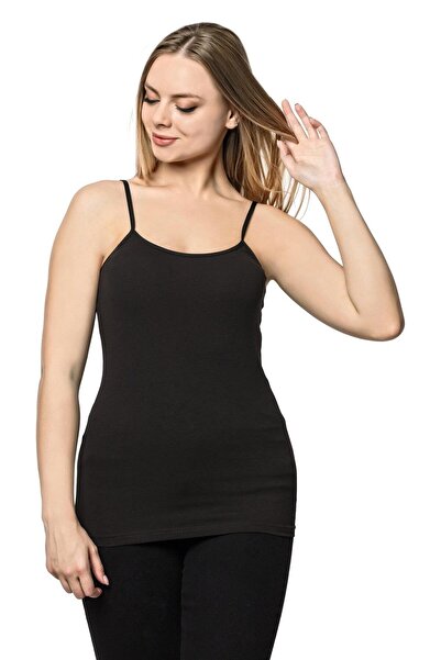 Bestin Lüx Drm Чорна бавовняна майка з бретельками та еластичною талією для ж...