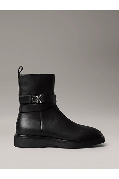 Calvin Klein Metal Logo Ankle Length Women's Black Boots Hw0Hw02663-Beh