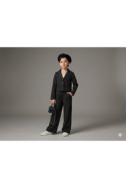 tinytrends Kız Çocuk Exclusive Cut Royal Çizgili Takım Elbise Ceket Pantolon