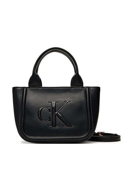 Calvin Klein Women Black Embossed Monogram Logo Bold Small Tote Bag