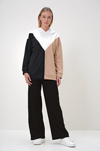 Trend Alaçatı Stili Kadın Siyah Ekru Kapüşonlu Renk Bloklu İki İplik Alt-Üst Takım ALC-X12883