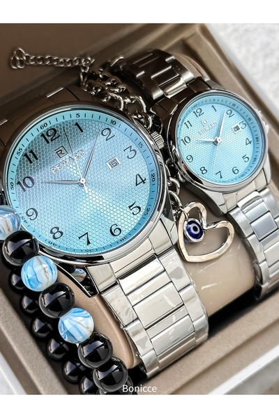 Reward ساعات يد للأزواج مع قرص أزرق وأرقام، وسوار فولاذي فضي اللون + سوار معصم