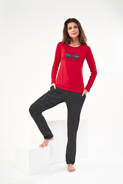PJS 22422 Жіночий піжамний комплект з принтом на комірі