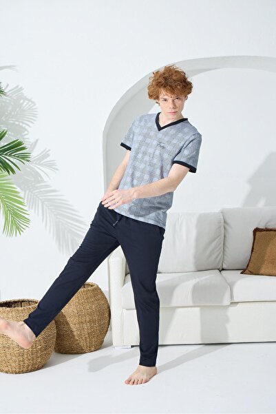 KLY 1015 Чоловічий піжамний комплект з коротким рукавом та V-подібним коміром