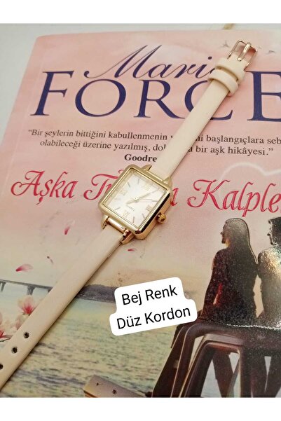 QUARTZ Marka Vintage Çelik Gold Kasa Minimal Kare Model Bej Renk Kordon bb0028