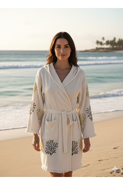 TekStilize Müslin Mercan Desenli Peştemal Bornoz ve Plaj Elbisesi (%100 PAMUKLU)