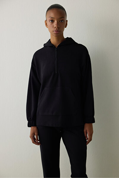 Penti Black Silky Feel Hooded Oversize Zippered Sweatshirt
