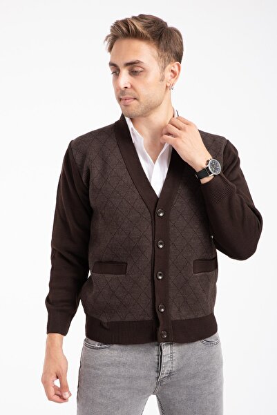 Mutlu City Erkek Orta Yaş ve Üzeri Triko Örgü Akrilik Kışlık Baba Hırka 2057-Kahve-Düğmeli