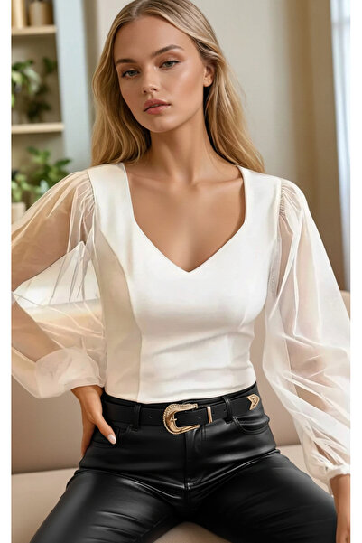 OLSAMODA Women's Sleeveless Tulle V-Neck Flexible Fabric Bluse