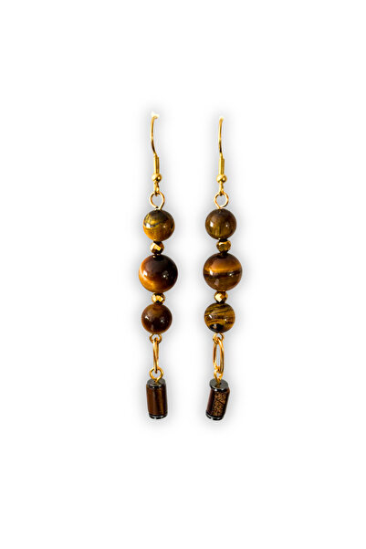 ayrestyle Gold Color Women's Earrings with Tiger's Eye and Hematite Natural Stones (Handmade, 8 cm)
