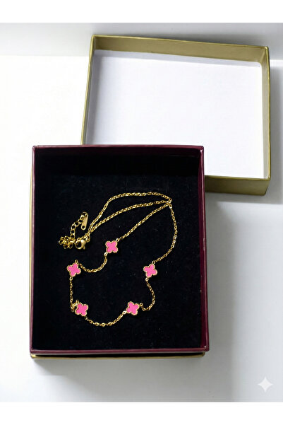 inworldout Paslanmaz Çelik 5'li Pembe Yonca Kolye - Kararmaz Gold Zincir Şans...