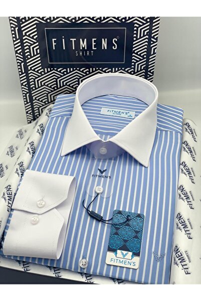 Fitmens Classic Long Sleeve Pocketless Collar Cuff White Gift Boxed Men's Shirt Fs-004328 - Light Blue White