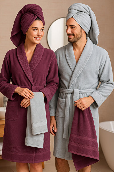 cs ilkim Armina 8 Piece Bathrobe Set (Grey - Plum)