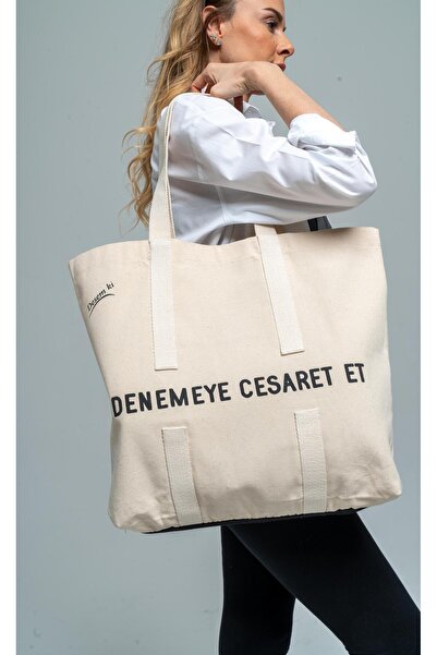 Desemki Denemeye Cesaret Et Yazılı Desemki Kalın Kanvas Omuz Askılı Ekru Renk...