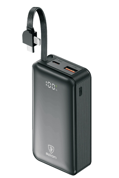 SP SPON باور بنك 10000mAh بشحن سريع 20W مع كيبل مدمج آيفون/تايب-سي ومنفذ USB وشاشة LED
