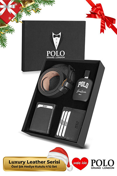 POLOGRAND London Orijinal Erkek Özel Hediye Kutulu 4'lü Set Damat Yılbaşı Şık Deri Cüzdan Kemer Kartlık Parfüm Seti