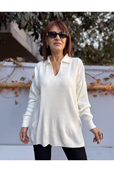 DenizEge Пуловер с поло яка Екру