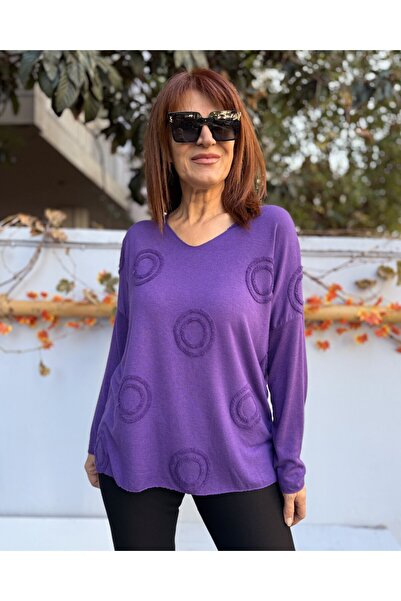 DenizEge Women's Ring Motif Embossed Angora Blend V-Neck Knitwear Purple