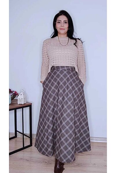 Enga Vera Fusta lungă cu model în carouri pentru femei, cu talie înaltă buzun...