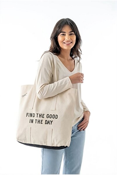 Find The Good In The Day Yazılı Kalın Kanvas Omuz Askılı Ekru Renk Iç Cepli Çanta