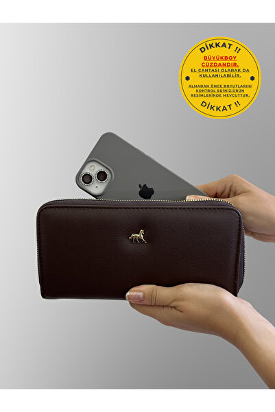 shiny ever Büyükboy Telefon Bölmeli Deri Kadın Cüzdan El Çantası Acı Kahverengi Gold Detaylı