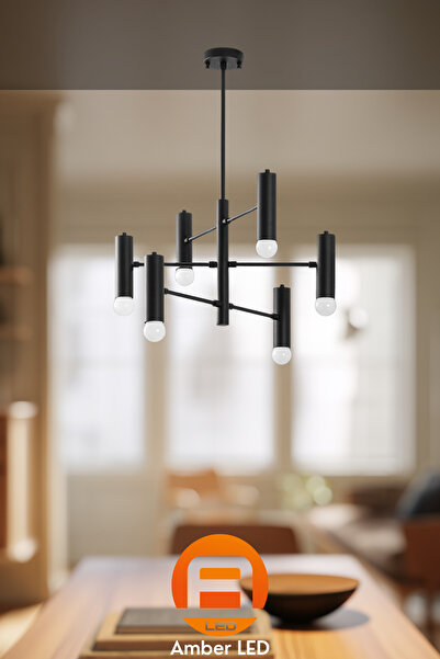 AmberLED Metal Gövdeli 6'lı Avize Pütürlü Siyah Mutfak ve Salon İçin E27 Uyumlu