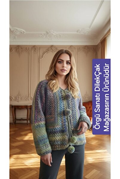 Örgü Sanatı DilekÇak El Örgüsü Patchwork Ömürlük Hırka, Ponpon Detaylı, Renk Ahenkli, Bohem, Tasarım Kadın Hırka