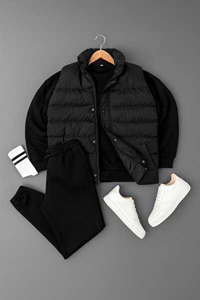 tetramoda Vestă umflată căptușită și trei fire Compact guler rotund din bumba...