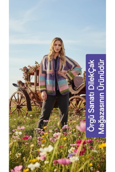 Örgü Sanatı DilekÇak El Örgüsü Patchwork Ömürlük Hırka, Ponpon Detaylı, Renk ...