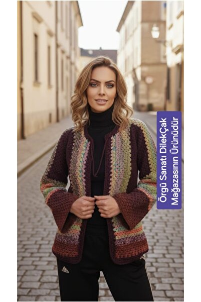Örgü Sanatı DilekÇak El Örgüsü Patchwork Ömürlük Hırka, Ponpon Detaylı, Renk Ahenkli, Bohem, Tasarım Kadın Hırka