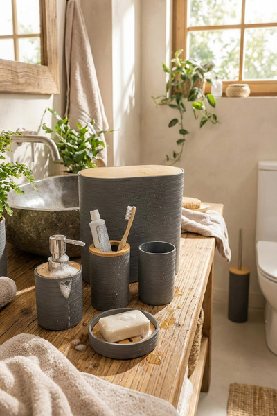 MAKRİ HOME 6'lı Banyo Seti, Bambu Kapaklı, Gri, Oval, 8 litre