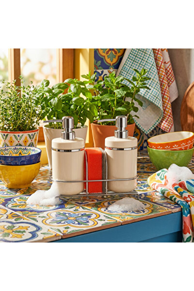 MAKRİ HOME 2'li Sıvı Sabunluk Seti, Süngerlikli ve Stantlı, Beyaz Gümüş