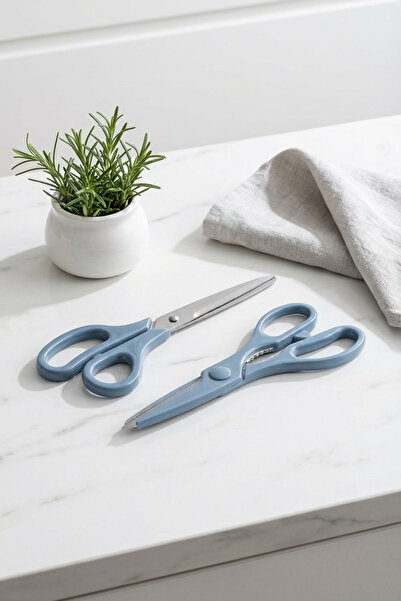 Rooc Tırtıklı Ağız 2'li Çok Amaçlı Makas Seti – Büyük Boy Mavi, 22 Cm