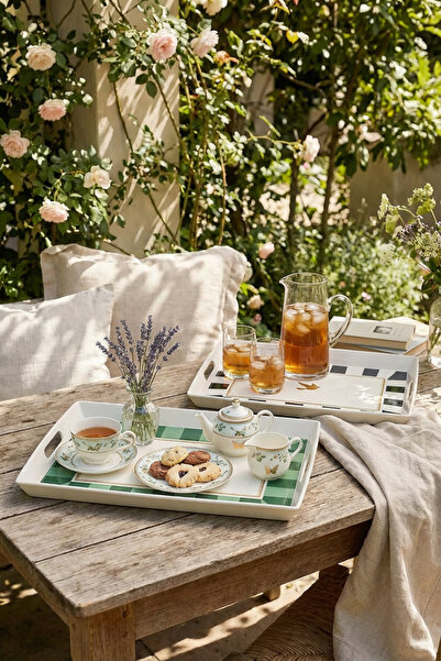 MAKRİ HOME 2 adet Çizgili Desenli Servis Tepsisi 38x28x3,5 cm, Siyah-Beyaz ve Yeşil