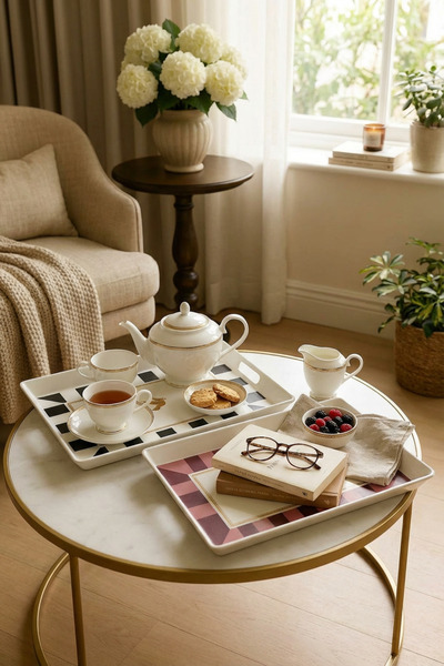 MAKRİ HOME 2 adet Çizgili Desenli Servis Tepsisi 38x28x3,5 cm, Siyah-Beyaz ve Bordo