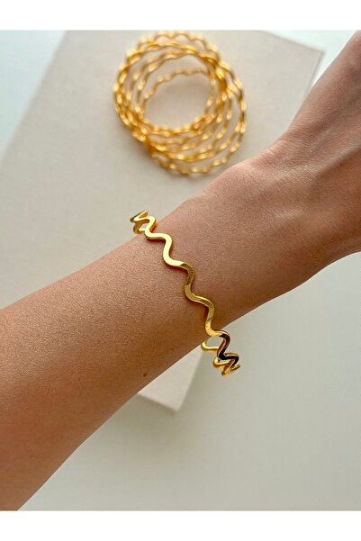 YOUES JEWELRY 22 Ayar 1 ADET Gold Altın Kaplama Zig Zag Ajda Bilezik 1 ADET