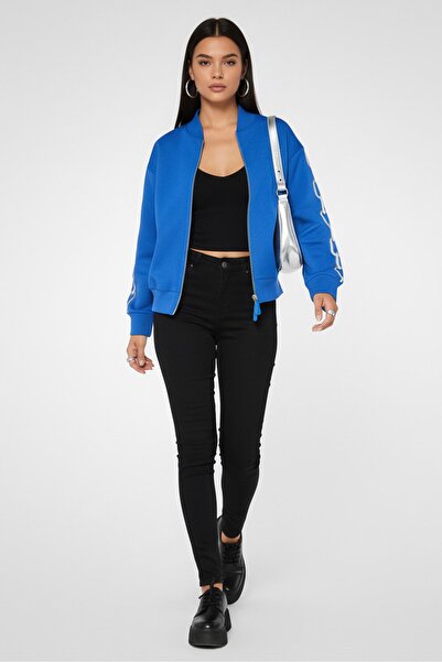 BURBERRY Women Embroidered Logo Bomber Jacket, Blue