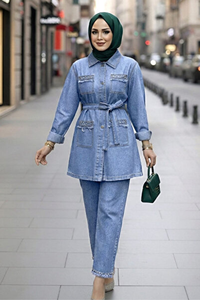 Hb Harma Time Butik Women's Stone Detailed Tunic and Pants Denim Blue Two-Pie...