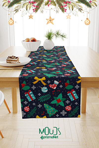 Moud's Navy Blue New Year Patterned Suede Runner Table Cloth