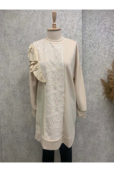 Puane 26K10628 TUNİKÖNÜ GÜPÜR DETAYLI TEK OMZU FIRFIRLI BEJ