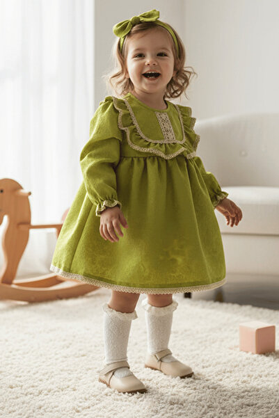 Bertuğ Bebek Brokar Kumaş Dantel Detaylı Özel Tasarım Yeşil Kız Çocuk Bebek E...