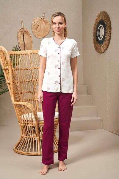 PJS 25144 Women's V-neck Buttoned Printed Short Sleeve Pajamas Set