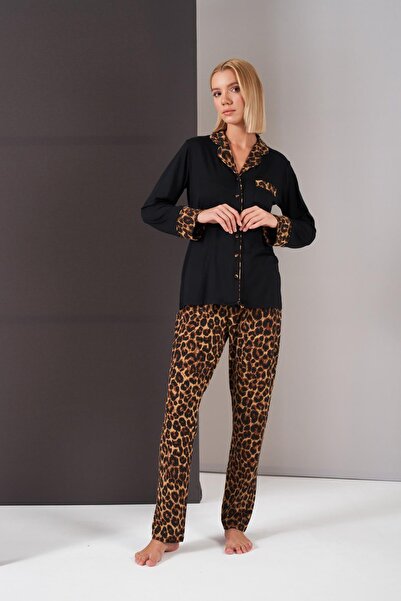 PJS 26006 Γυναικεία μακρυμάνικη πιτζάμες με κουμπιά με κουμπιά λεοπάρ